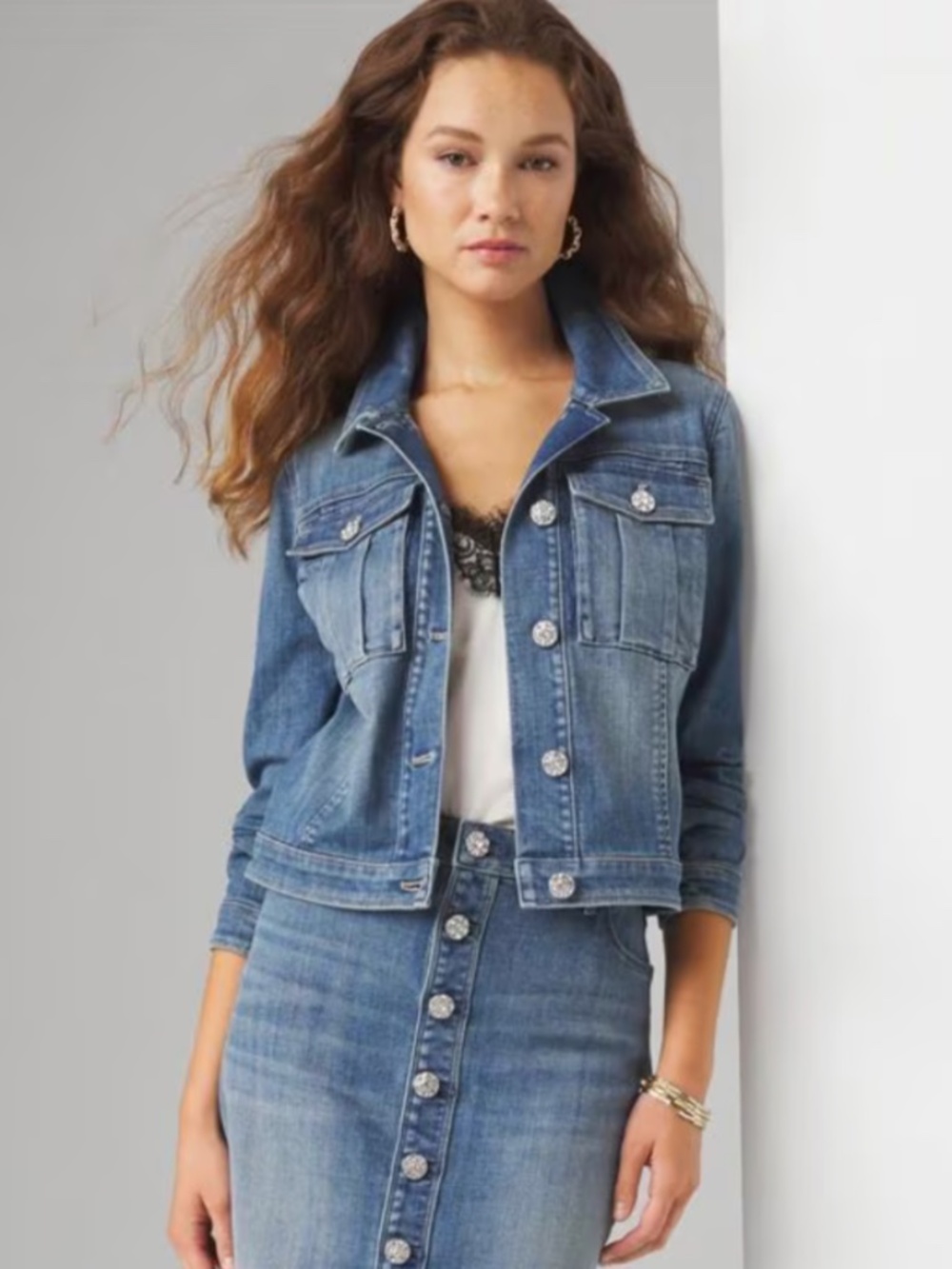 NWT White House Black Market Cropped Denim Jacket with Jewel Buttons Size M